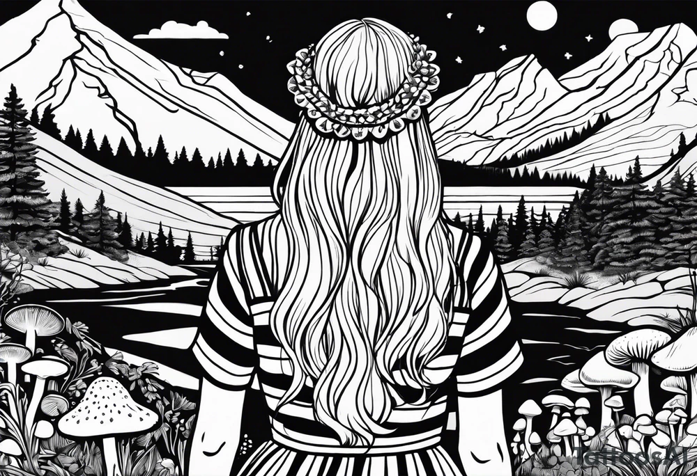Straight long blonde hair hippie girl in distance holding mushrooms in hand facing away toward mountains and creek surrounded by mushrooms black and white striped dress tattoo idea