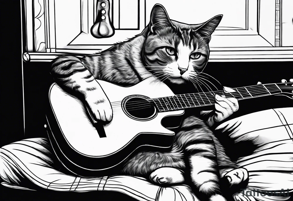 A cat playing acoustic guitar and sitting on a cajon. Dont forget the cajon. tattoo idea