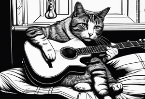 A cat playing acoustic guitar and sitting on a cajon. Dont forget the cajon. tattoo idea