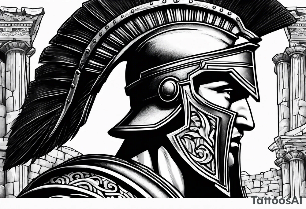 Close up of spartan solider face looking right at distant roman ruins tattoo idea