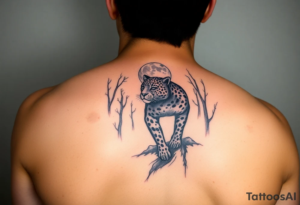 Black leopard in the woods with moon in sky tattoo idea