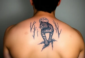 Black leopard in the woods with moon in sky tattoo idea