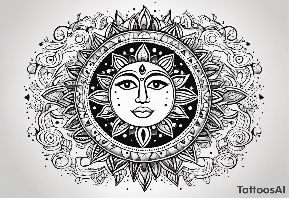 Mexican feminine alien Sun and moon. Freeform rectangular sternum swirls with dots and stars tattoo idea