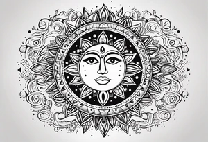 Mexican feminine alien Sun and moon. Freeform rectangular sternum swirls with dots and stars tattoo idea