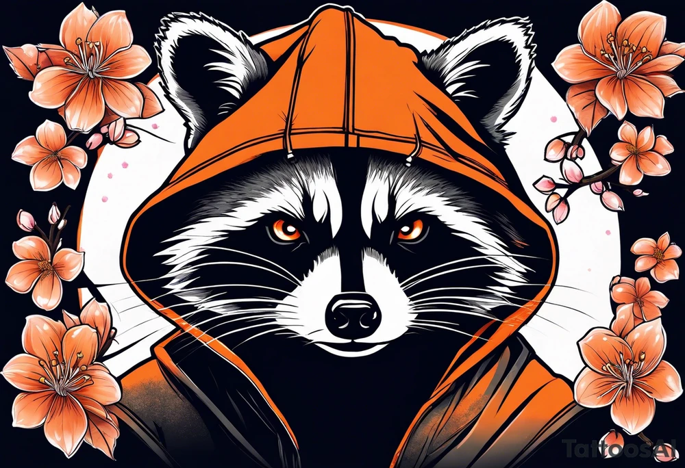 Raccoon wearing a white Superman logo on a black hoodie and orange Japanese cherry blossoms tattoo idea