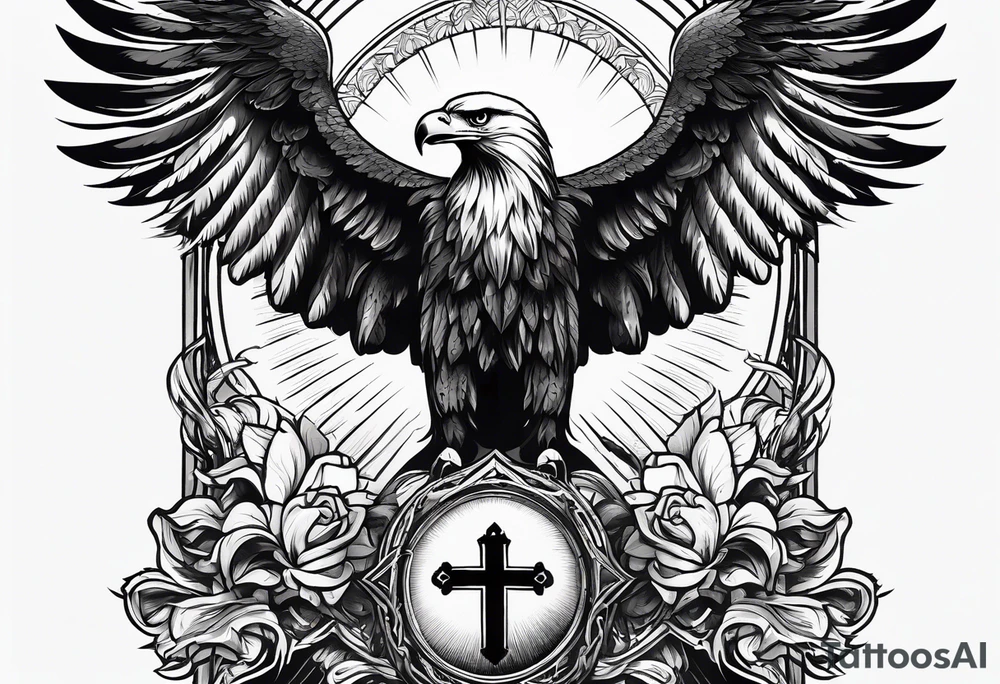 idea of pain for glory in life, discipline and catholic religion. Tattoo on the back with an eagle tattoo idea