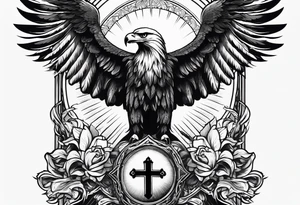 idea of pain for glory in life, discipline and catholic religion. Tattoo on the back with an eagle tattoo idea