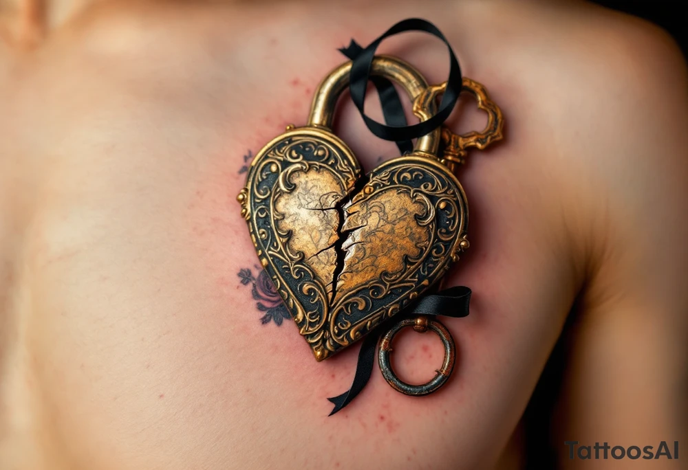 A vintage heart-shaped lock with intricate baroque detailing, cracked slightly at the center, paired with a rusted skeleton key wrapped in a thin black ribbon. The lock is shaded in antique gold and deep bronze, while the key has accents of dark silver and aged steel. Set against a soft shadow background with subtle roses or filigree placed on a calf. tattoo idea