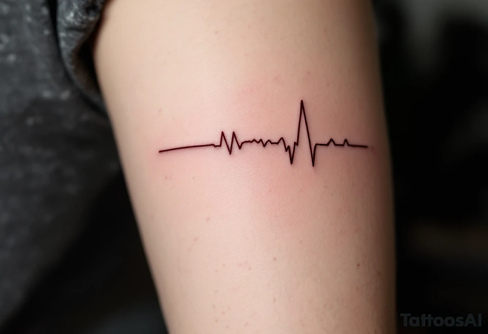 Delicate heartbeat line ending in "Lucie – 06.08.2016 v 2:22" in wine red ink. tattoo idea