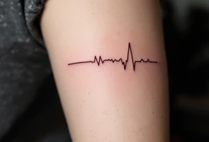 Delicate heartbeat line ending in "Lucie – 06.08.2016 v 2:22" in wine red ink. tattoo idea