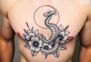 A snake slithering in different flowers with a crescent moon in the background, it should be meant for a shoulder tattoo tattoo idea