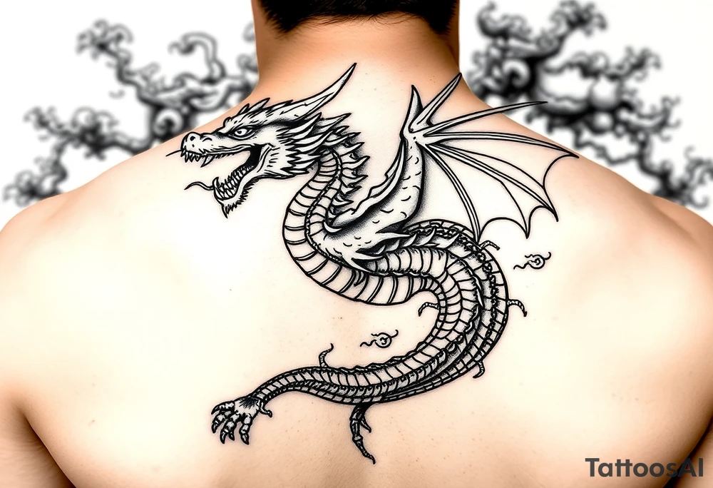 fierce dragon breathing iridescent fire against stormy skies tattoo idea