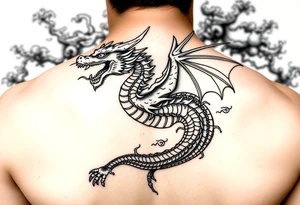 fierce dragon breathing iridescent fire against stormy skies tattoo idea