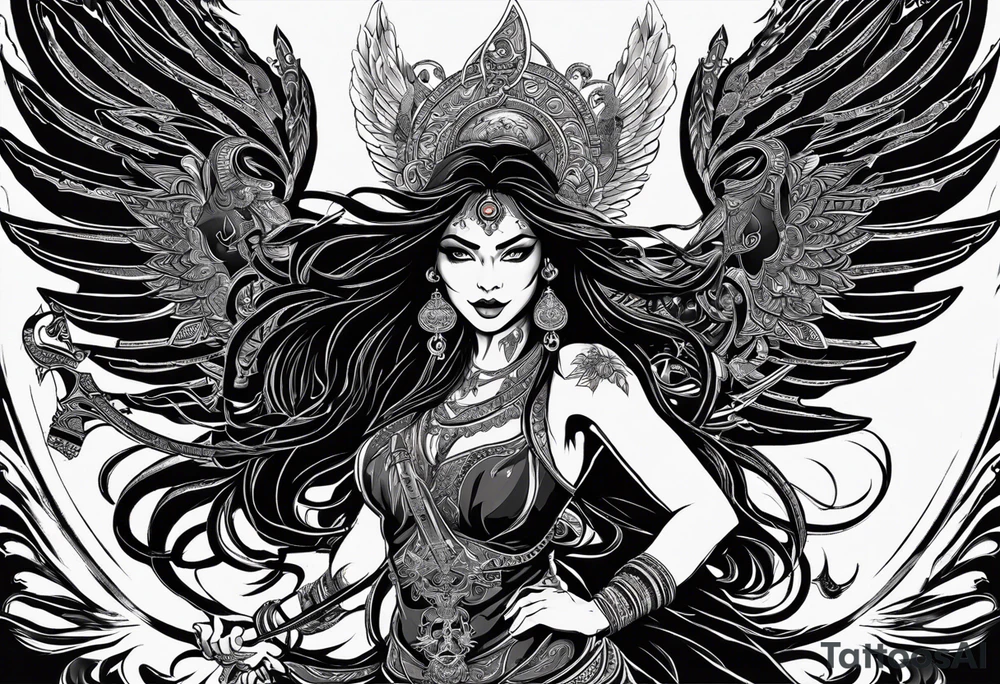 black kali, goddess pirate, alien, angel, pachamama, valkrye, warrior, flying, skull, lotus azul, wing, eagle, zenza resonance, stars, 5D, anahata chakra, death, durga, riding on a tiger, flying lady tattoo idea