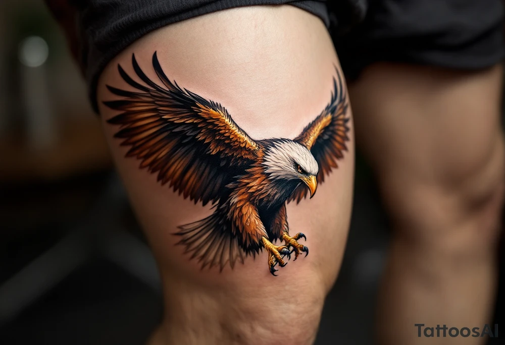 A soaring eagle with its talons extended, wings casting lifelike shadows in rich brown and golden hues. tattoo idea