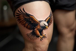 A soaring eagle with its talons extended, wings casting lifelike shadows in rich brown and golden hues. tattoo idea