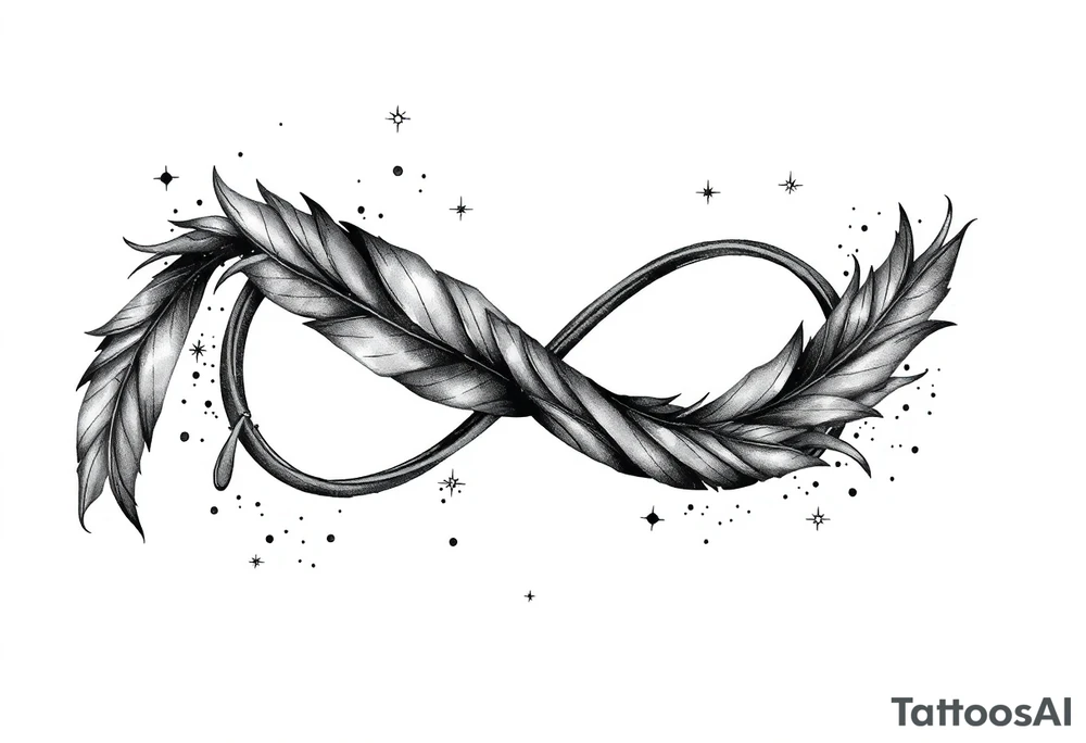 infinity symbol woven with floating feathers and stardust tattoo idea