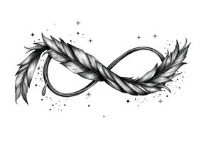 infinity symbol woven with floating feathers and stardust tattoo idea