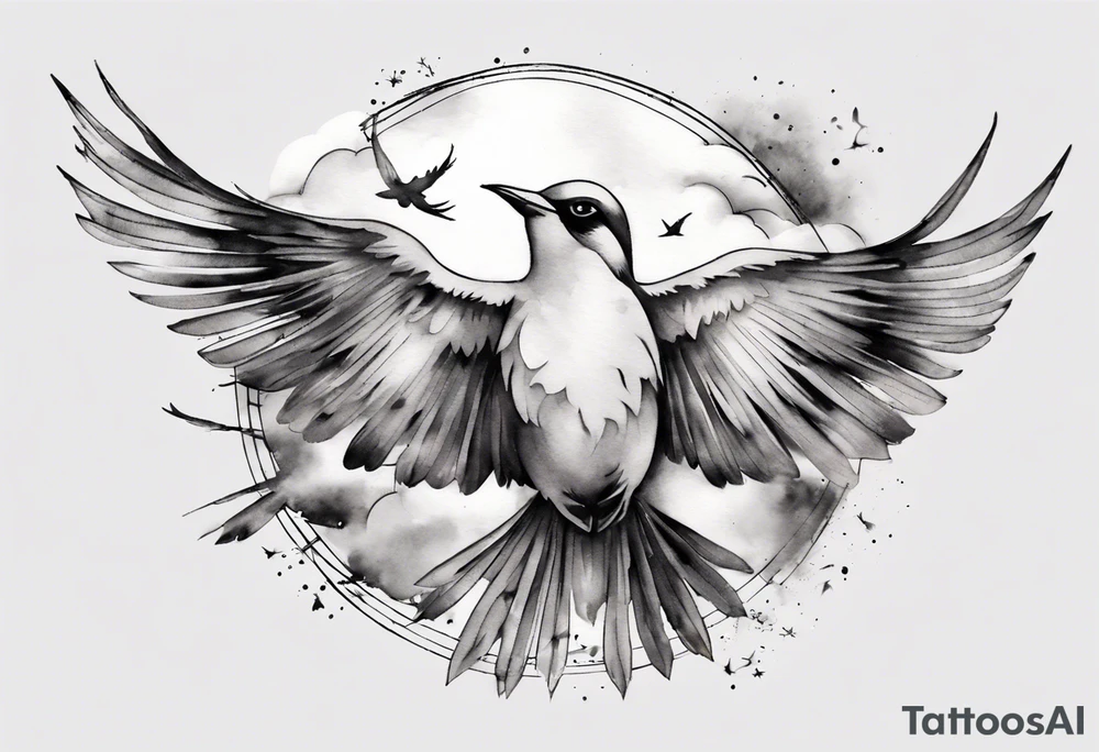 shoulder tattoo with light rays with birds flying free among the clouds, round shape, 3d effect tattoo idea shoulder tattoo with light rays with birds flying free among the clouds, round shape, 3d effect tattoo idea