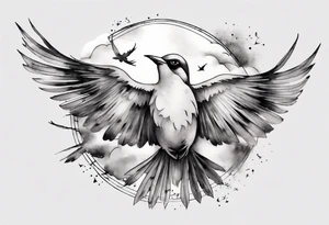 shoulder tattoo with light rays with birds flying free among the clouds, round shape, 3d effect tattoo idea
