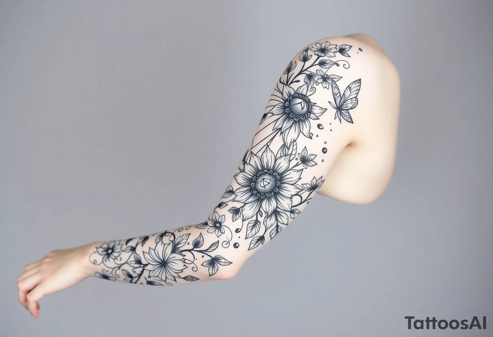Magical mythical animal sleeve with fairies and flowers tattoo idea