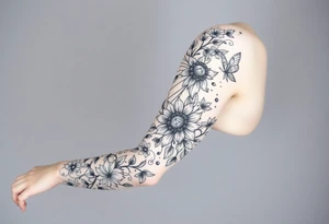 Magical mythical animal sleeve with fairies and flowers tattoo idea