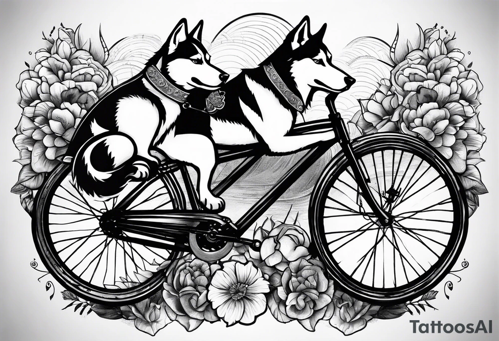 Two huskies riding bicycles tattoo idea
