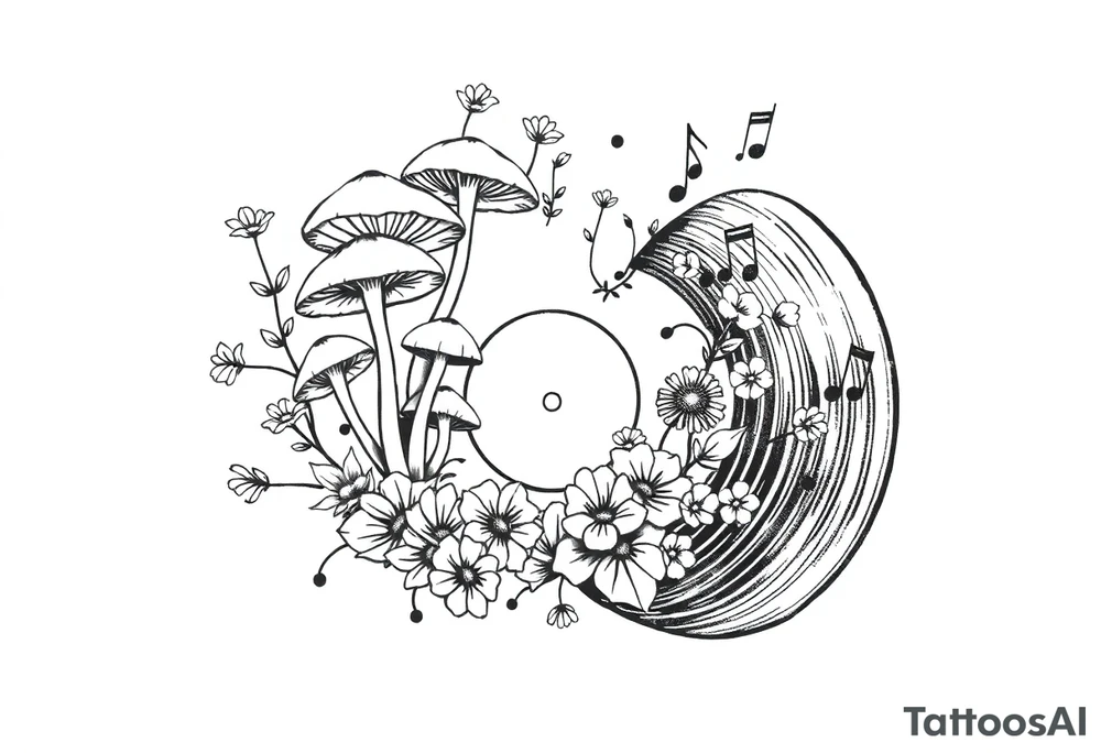 vinyl record with mushrooms, flowers, and music notes tattoo idea