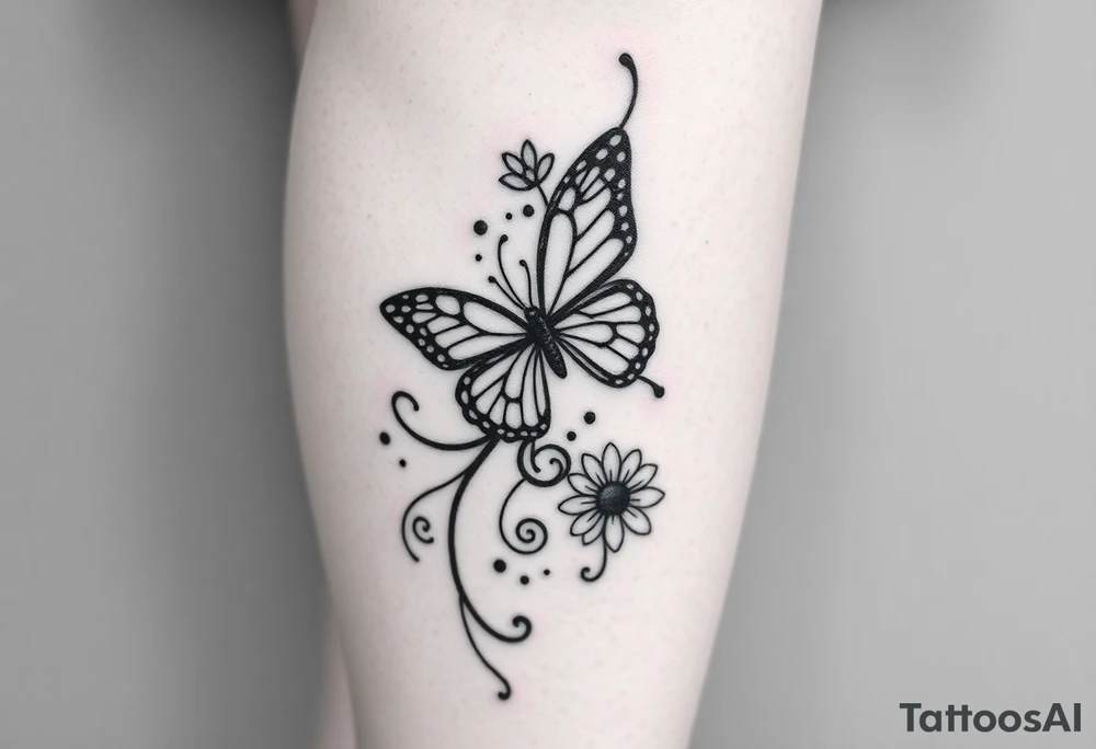 swirl pattern with butterfly and daisy leg tattoo design drawon on leg. i want to sell this in zepeto i want it too be shown on thigh to ankle and be asymmetrical please also show the overall image of total leg too 

ㅁ tattoo idea
