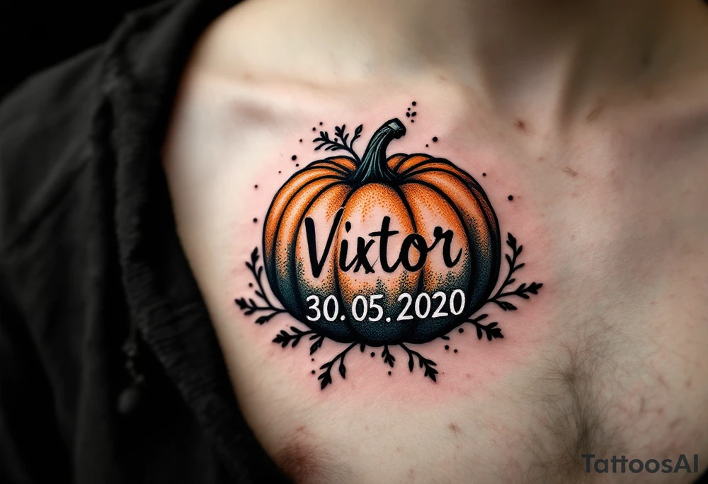 Viktor 30. 05. 2020 – A dark forest green and burnt orange pumpkin design, surrounding Viktor's birthdate, with black vine details for a spooky touch. tattoo idea