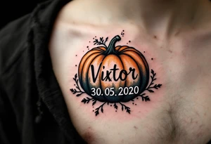 Viktor 30. 05. 2020 – A dark forest green and burnt orange pumpkin design, surrounding Viktor's birthdate, with black vine details for a spooky touch. tattoo idea