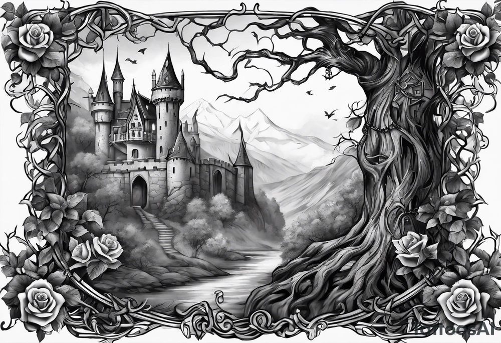 tattoo fool sleeve, old broken gothic castle, tree roots break out of the chains, roses tattoo idea
