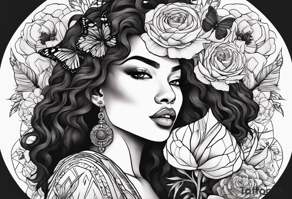 Black women body with a lion, flowers and butterflies tattoo idea