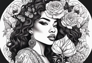Black women body with a lion, flowers and butterflies tattoo idea