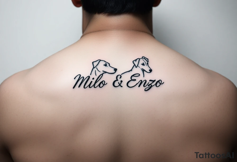minimal ling line dog lover tattoo , dogs name in cursive Milo and Enzo tattoo idea