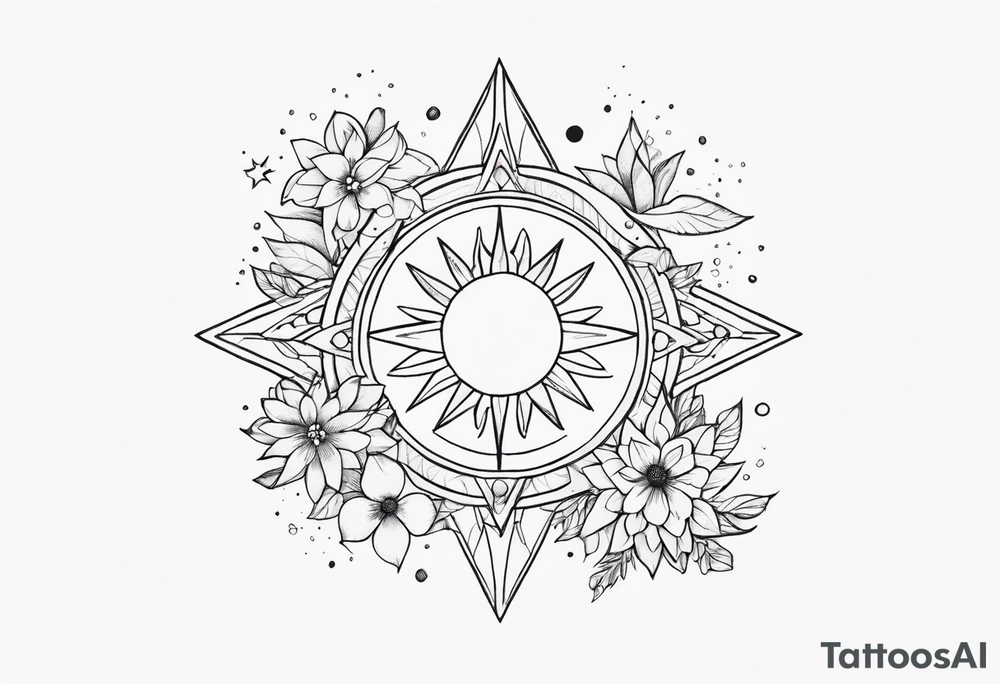 fine line with sun, stars, floral, dots. Sternum tattoo tattoo idea