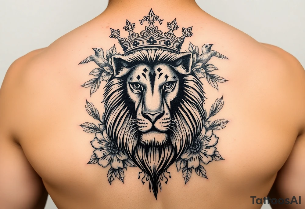 powerful majestic lion with a crown, surrounded by floral ornaments and birds tattoo idea