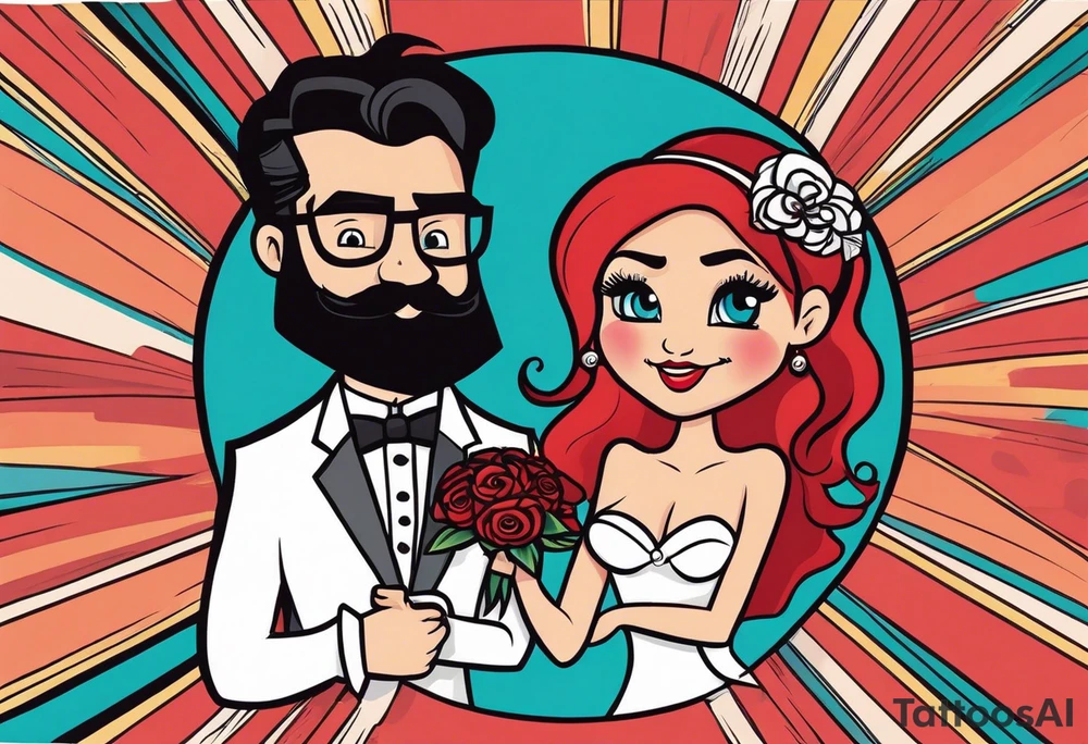 Busty red haired woman and a bearded man with black hair getting married tattoo idea