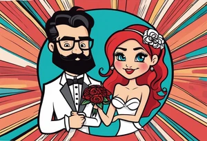 Busty red haired woman and a bearded man with black hair getting married tattoo idea