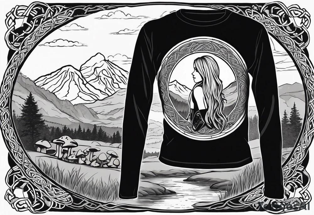 Whole picture encircled fully

Straight long blonde hair hippie girl in distance holding mushrooms in hand facing away toward mountains and creek surrounded by mushrooms long sleeve shirt and hiking pants; whole rendering within a full celtic circle border, no cut off circle tattoo idea