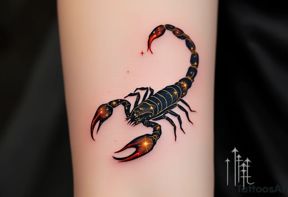 The celestial scorpion creeps across the night in streaks of golden scorpio star constellation lit by Antares’ burning red flame tattoo idea