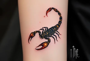 The celestial scorpion creeps across the night in streaks of golden scorpio star constellation lit by Antares’ burning red flame tattoo idea