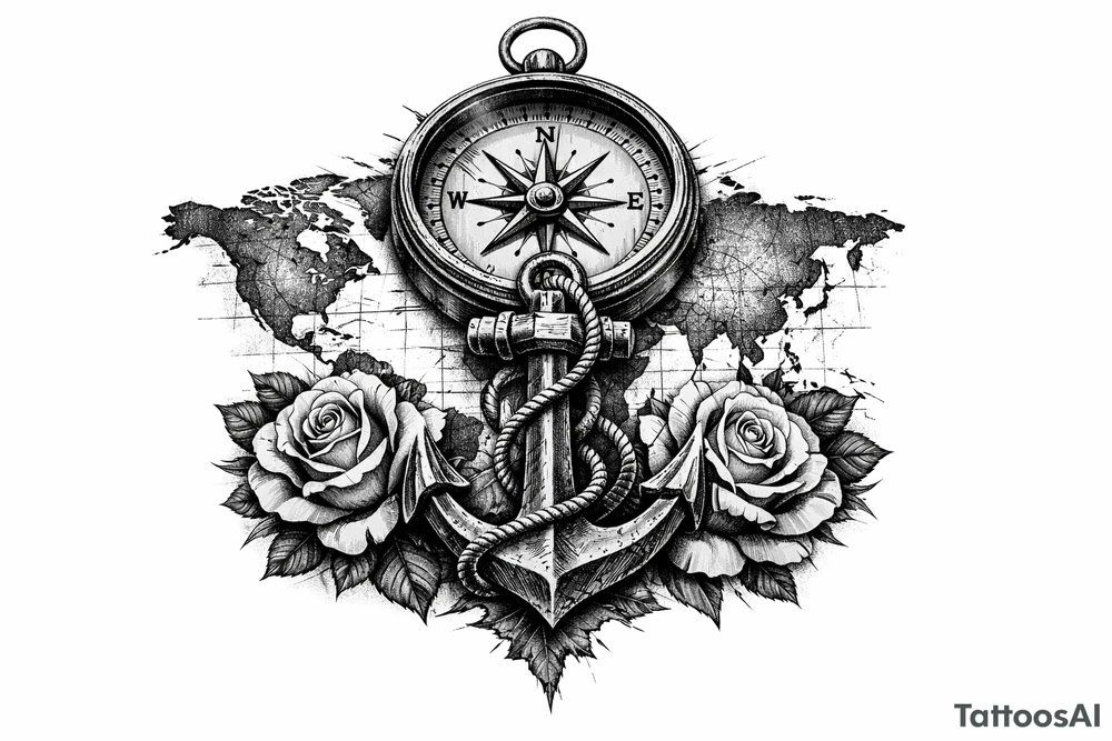 a compass under it an anchor, roses,world map. tattoo idea
