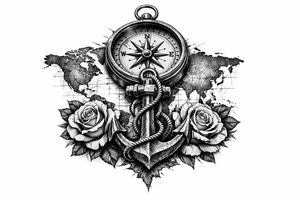 a compass under it an anchor, roses,world map. tattoo idea