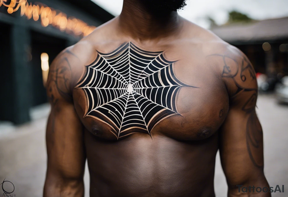 Design a powerful inner bicep tattoo for a dark-skinned black male featuring Anansi the Spider from Ghanaian mythology. Anansi is depicted weaving a web made from bright, crackling lightning bolts. The web extends outward from the center of the design, creating an intricate, flowing pattern. The lightning web should be sharp and dynamic, symbolizing energy and power, while Anansi sits calmly at the center, representing wisdom and control.

The spider should have a stylized, bold appearance, with strong, clean lines that stand out on dark skin. The lightning bolts in the web should feature bright, vivid colors like electric blue or white, contrasting well against the dark skin tone. Surrounding the web, subtle clouds or storm elements should fade into the background to create depth and dimension without overpowering the central design. Ensure that the web and lightning bolts are the primary focus, with fine detail that reflects both strength and intellect.” tattoo idea