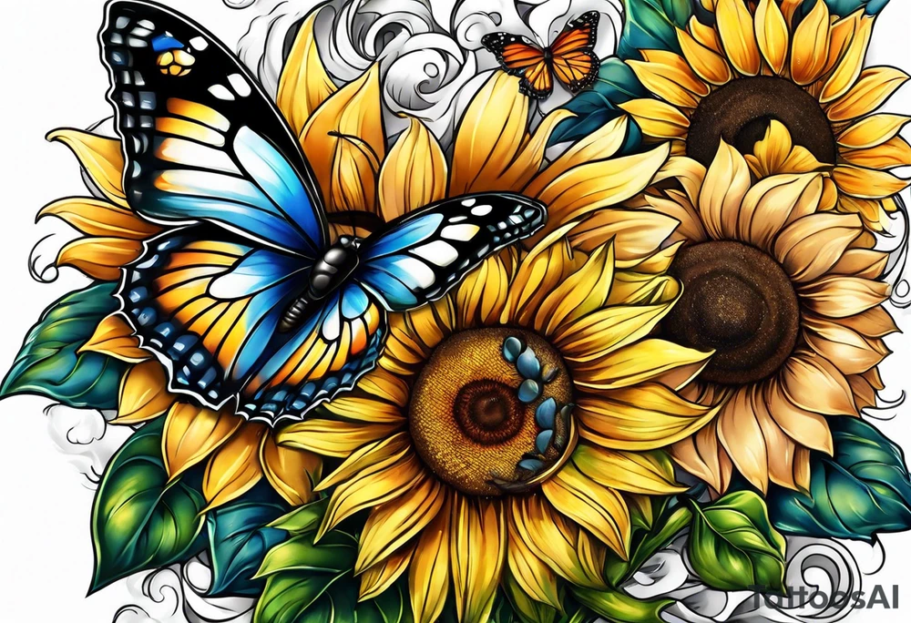 Sleeve with cross, sunflowers and butterflies tattoo idea