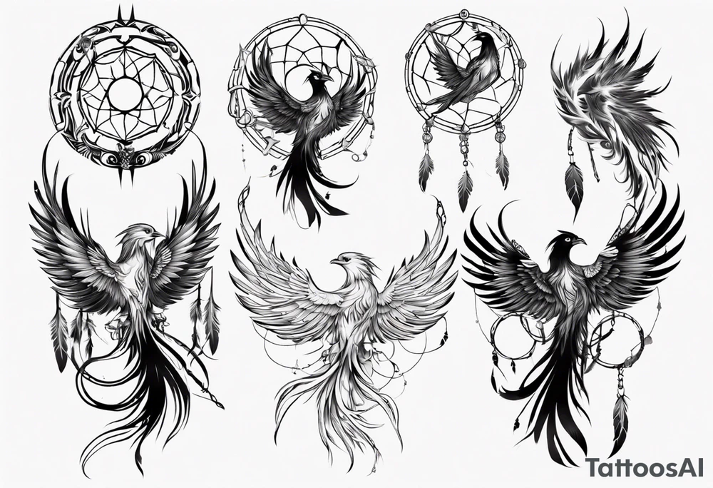 Phoenix with abstract dream catcher tail tattoo idea