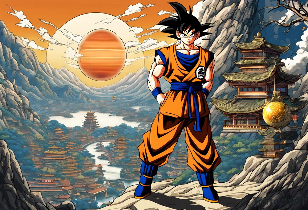 Son-Goku as a child in the foreground and an older version of him as a super saiyajin behind him. A huge dragonball surrounds the whole scenery. Fokus friends are behind him as shadows tattoo idea
