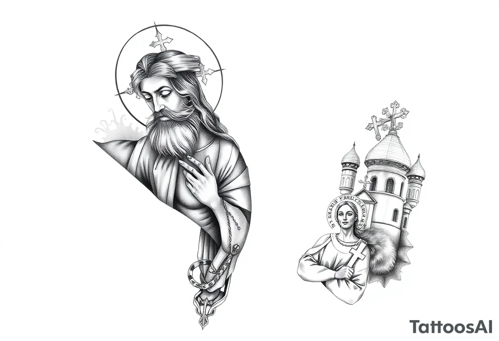 russian orthodox christian left arm tattoo with jesus & orthodox st basils setting tattoo idea