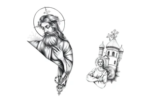 russian orthodox christian left arm tattoo with jesus & orthodox st basils setting tattoo idea